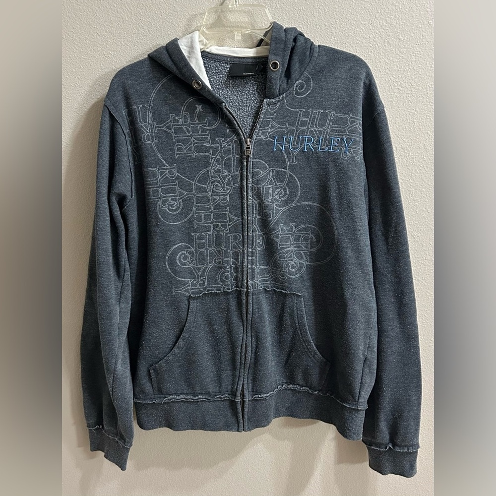 Y2K Hurley Jacket Mens Sz M Gray Full Zip Fleece Tattoo Grunge Trendy Streetwear